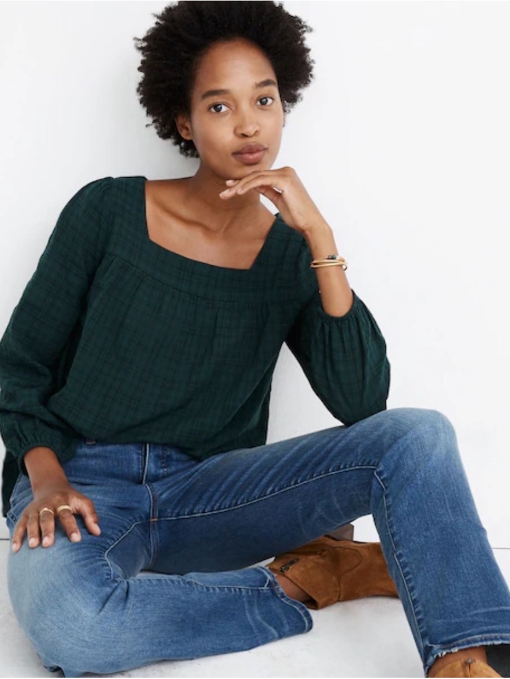 Madewell Plaid Peasant Square Neck Long Sleeve Top